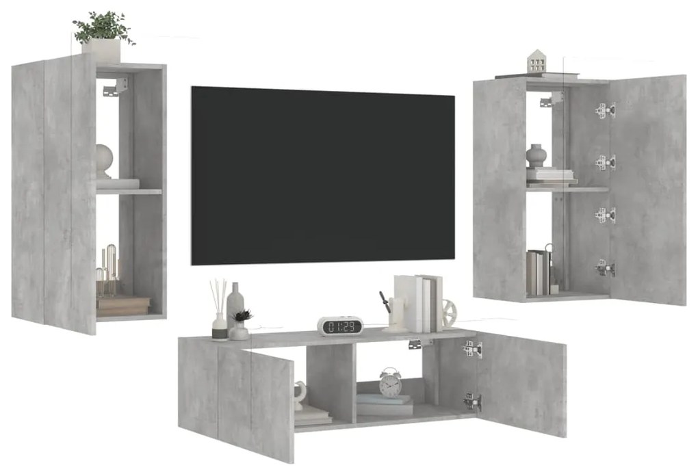 3 pcs móveis de parede para TV com luzes LED cinzento cimento