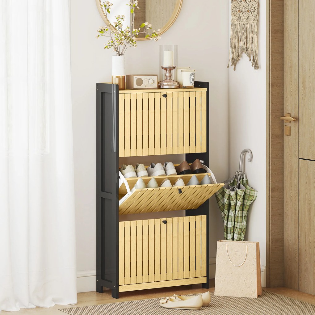 Sapateira com capacidade para 18 pares, com 3 gavetas rebatíveis, portas de bambu com ripas, 60 x 24 x 118 cm, preto e madeira natural