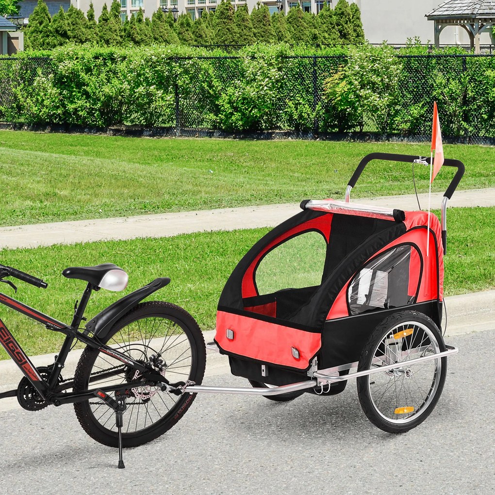 HOMCOM Reboque de Bicicleta 2 EM 1 para crianças de 2 lugares com Amortecedores Convertível em carrinho com barra e kit de corrida 129x85x105cm Vermelho