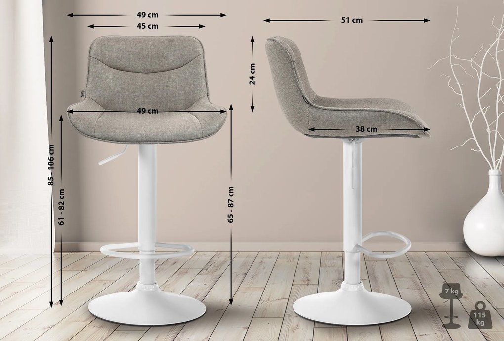 Banco alto em tecido com estrutura branca 85-106 x 49 x 51 cm castanho acinzentado