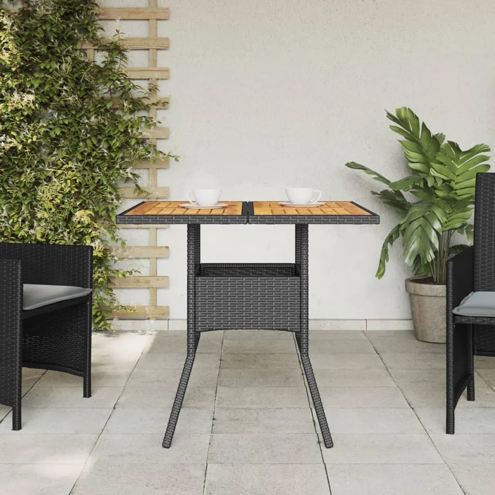 Mesa de jardim com tampo em acácia 80x80x75 cm vime PE preto