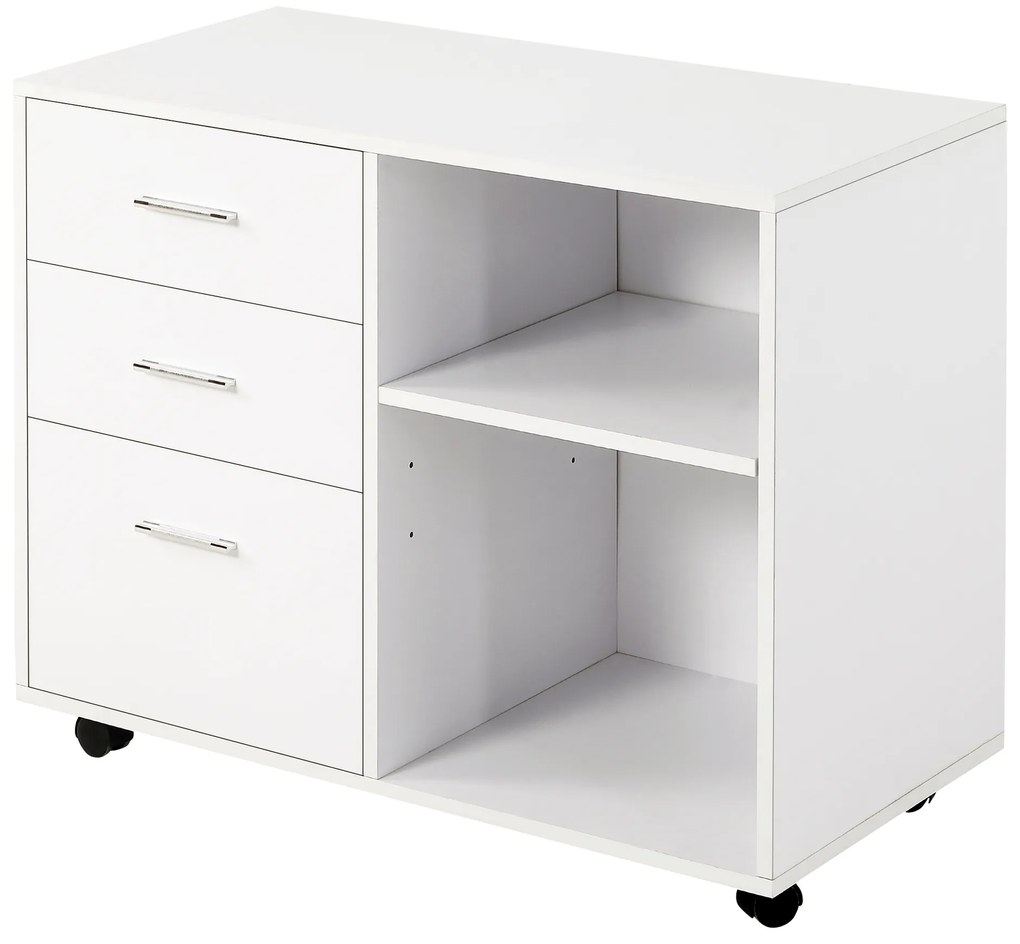 HOMCOM Armário de Escritório para Impressora Multifuncional com 3 Gavetas Prateleira Ajustável e Rodas 80x40x65cm Branco
