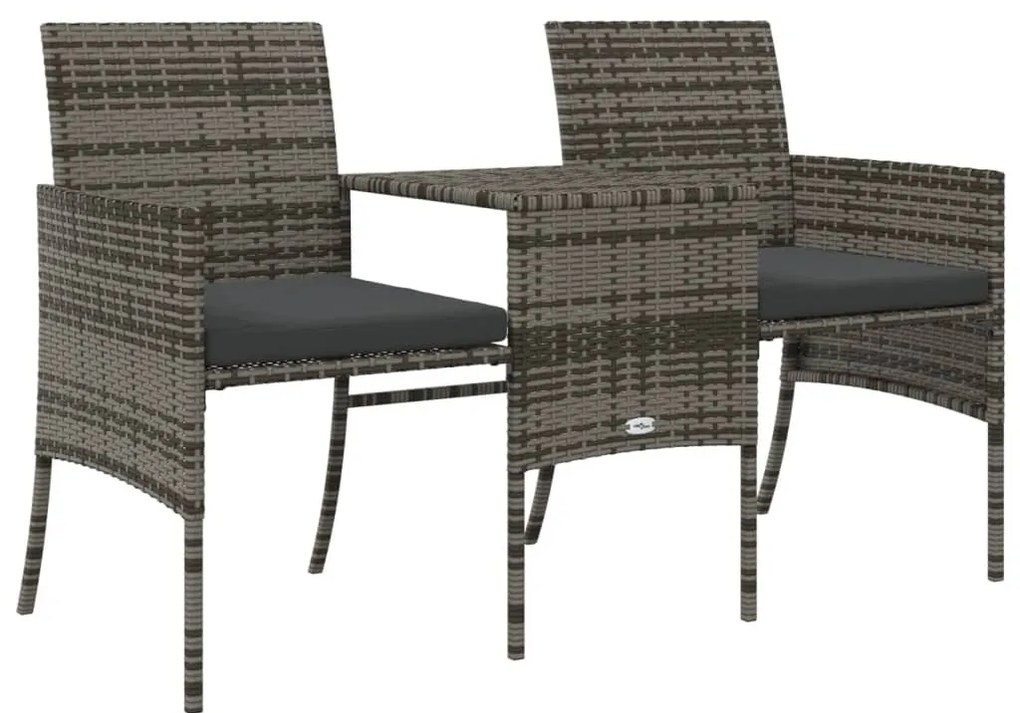 Sofá de jardim de 2 lugares com mesa e bancos vime PE cinzento