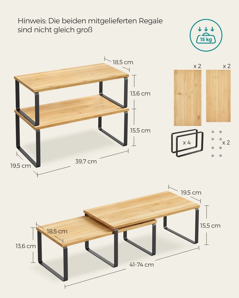 Conjunto de 4 prateleiras para cozinha empilháveis, Preto e bege natural