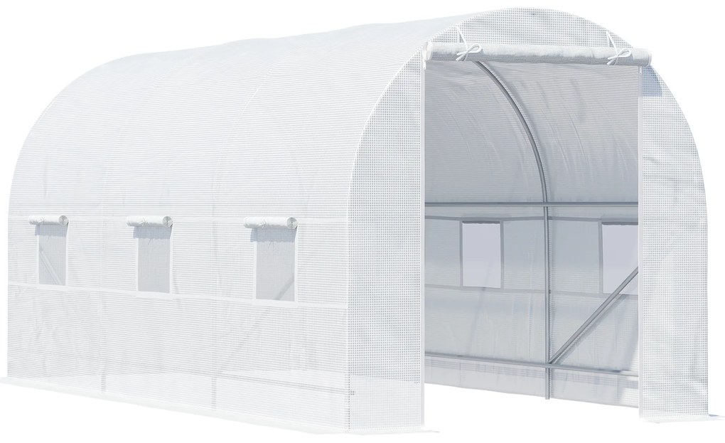 Outsunny Estufa tipo Túnel 445x200x200 cm com Porta Enrolável e 6 Janelas Cobertura de PE 140 g/m² Anti-UV Branco