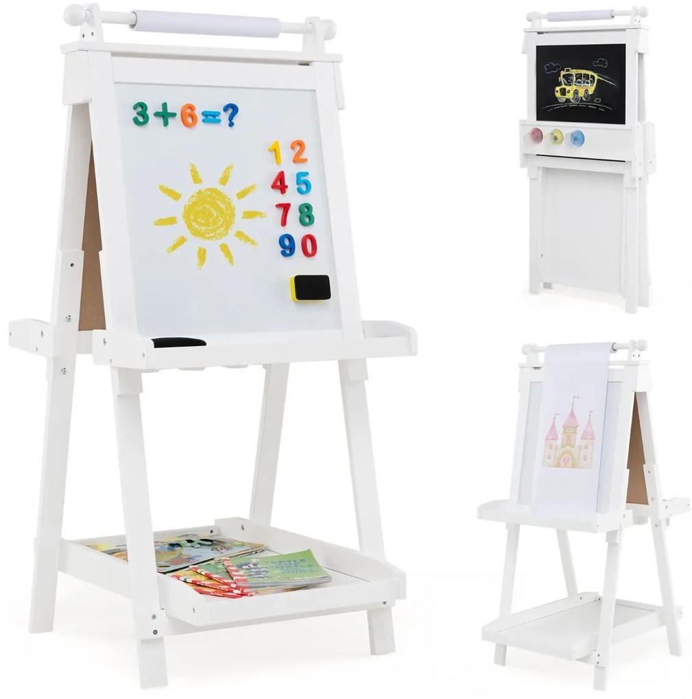 Cavalete de arte dobrável de dupla face 3 em 1 para crianças + 3 anos com quadro negro e rolo de papel substituível 3 copos bandejas Branco
