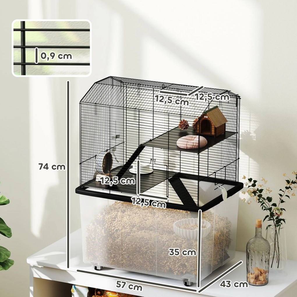 Gaiola para hamsters e roedores de 3 andares 57 x 43 x 74 cm, com rodas, plataforma e escada em arame de aço, preta