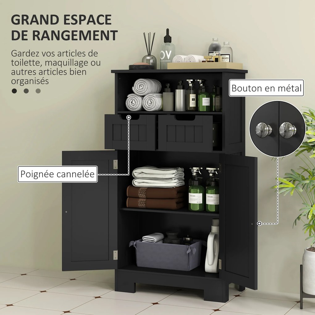 Móvel baixo de casa de banho com vários compartimentos, 2 gavetas, armário de duas portas com prateleira, preto