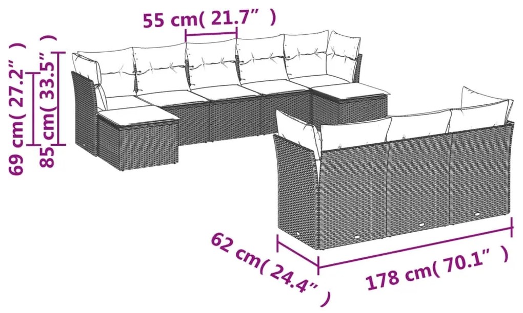 10 pcs conjunto de sofás p/ jardim com almofadões vime PE bege