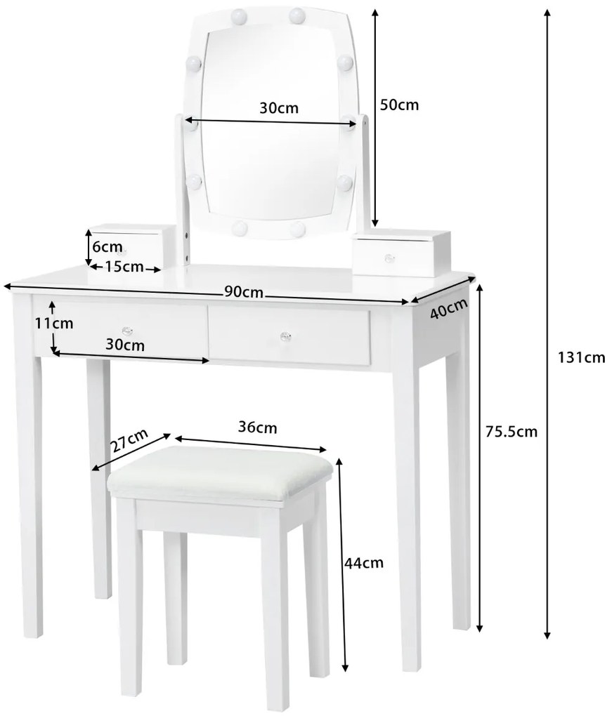 Conjunto de Toucador com Espelho Iluminado Giratório 360°, Mesa de Maquilhagem e Banco Acolchoado para Quarto Branco