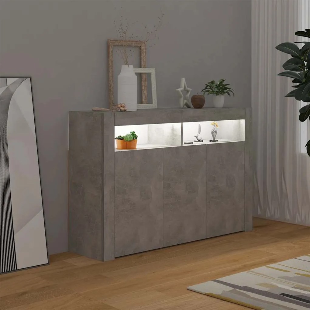 Aparador com luzes LED 115,5x30x75 cm cinzento cimento