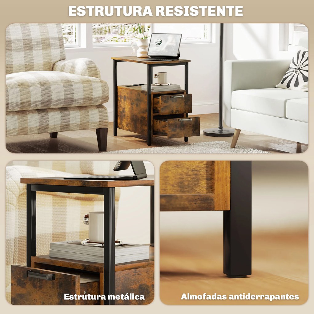 Mesa Auxiliar com Estação de Carga Entrada USB Tomada Elétrica 2 Gavetas e Prateleira 55x35x58,5 cm Castanho Rústico