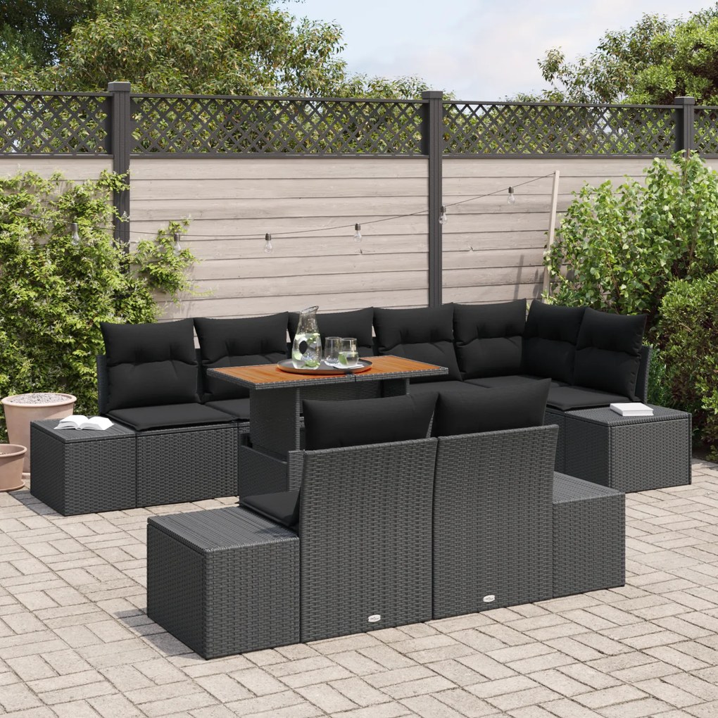 Conjunto de Jantar 9 Peças com Almofadas Preto Rattan Poliéster Acácia