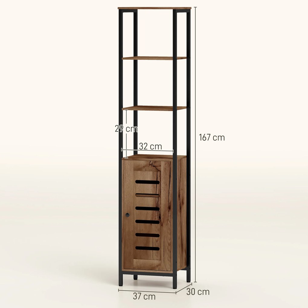 Coluna Casa de Banho Armário Alto Casa de Banho Estreito com Porta de Ripas Prateleiras Ajustáveis 37x30x167 cm Castanho Rústico