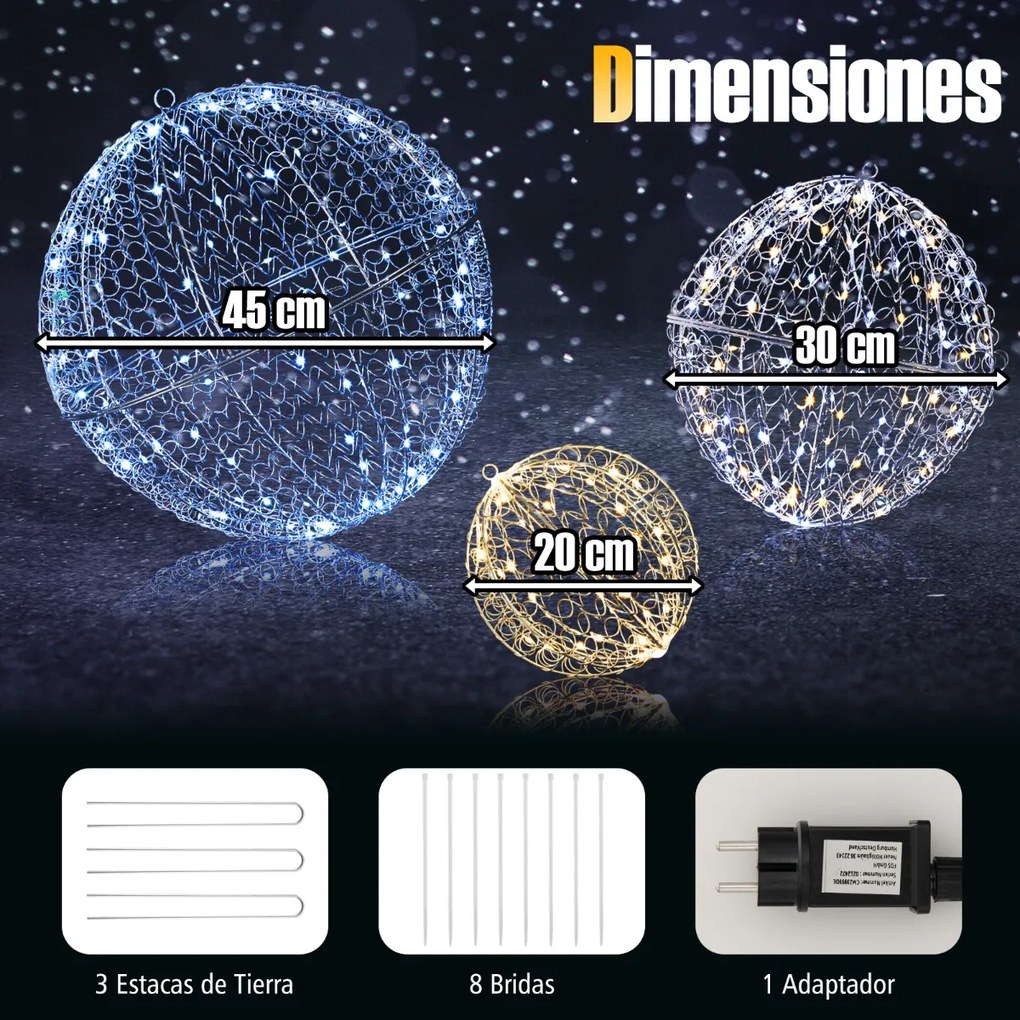 Conjunto de 3 esferas LED natal com 8 modos e 3 cores de luz para pendurar