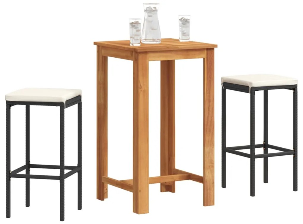 vidaXL 3 pcs conjunto de bar para jardim acácia maciça/vime PE preto