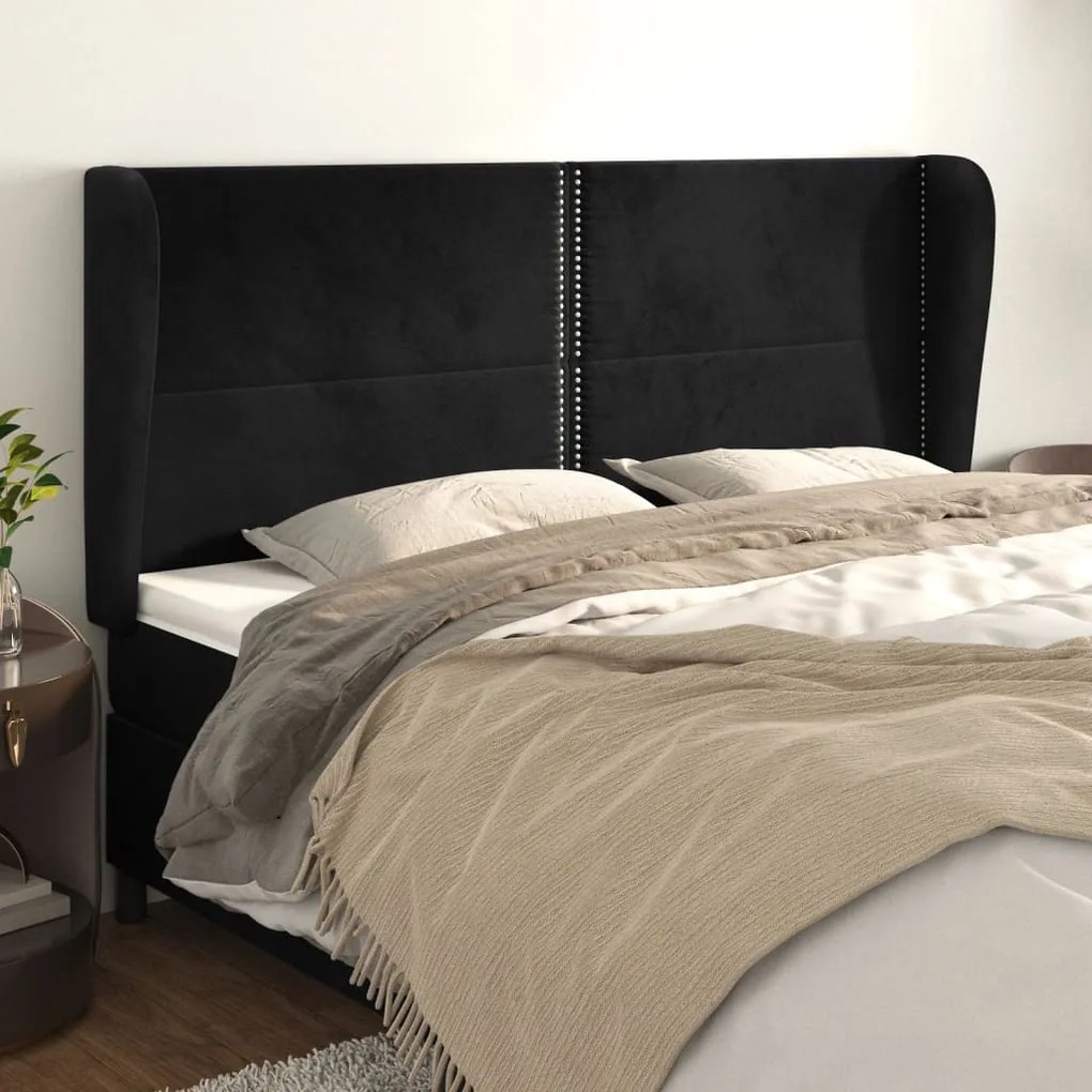 Cabeceira de cama c/ abas veludo 163x23x118/128 cm preto