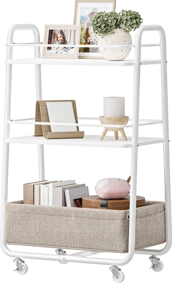 Carrinho apoio com 3 níveis, prateleiras e cesto para a sala de estar 43 x 30 x 81 cm branco-castanho