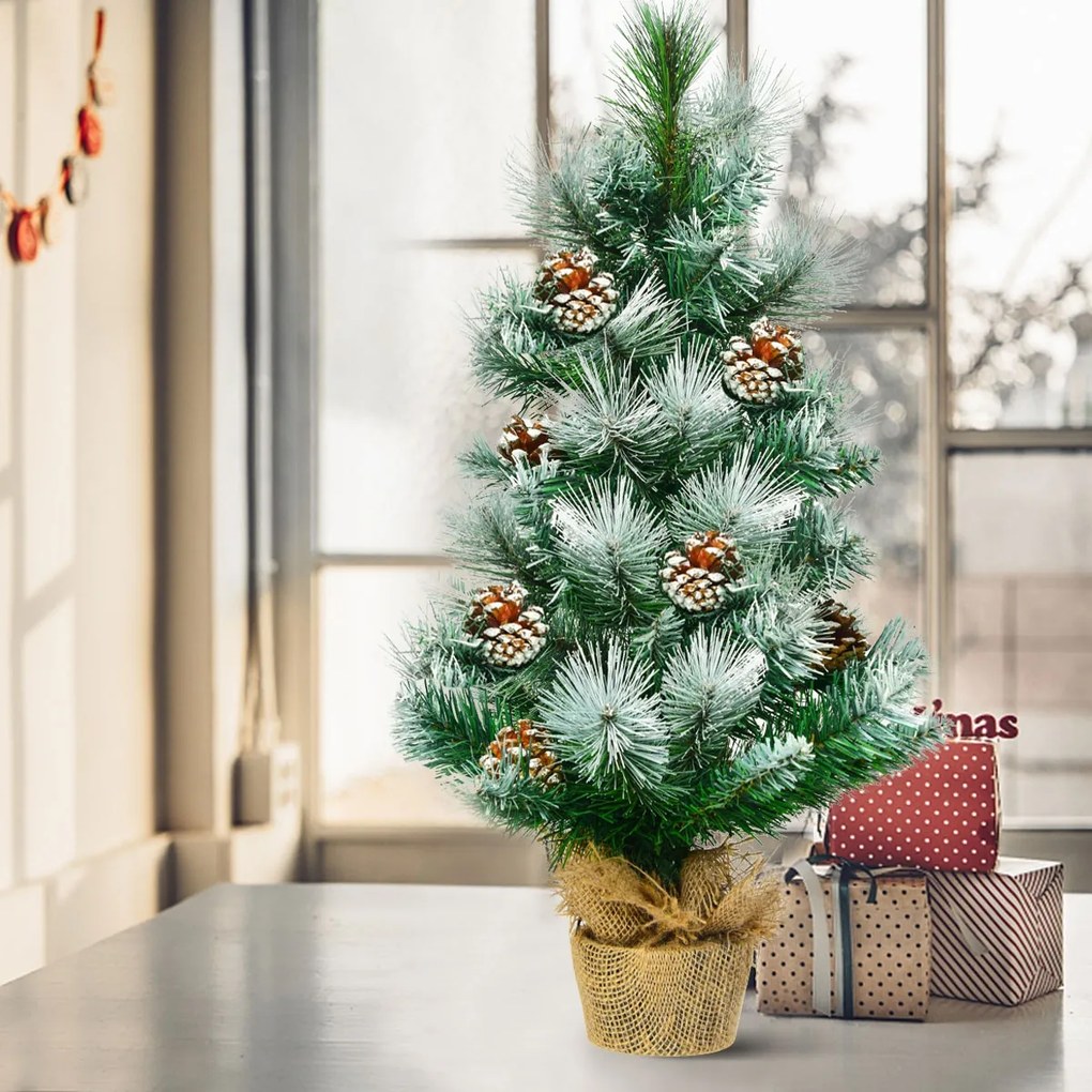 Árvore de Natal 60 cm efeito neve com pinhas decorativas, base estável em cimento e linho, decoração para interiores e secretárias Verde