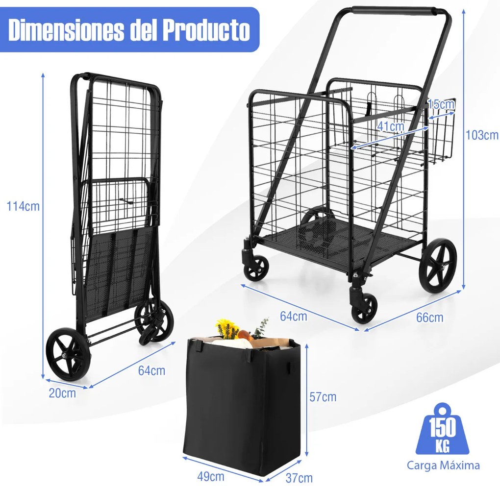 Carrinho de compras dobrável em metal com forro impermeável para supermercado e lavandaria Suporta até 150 kg Preto
