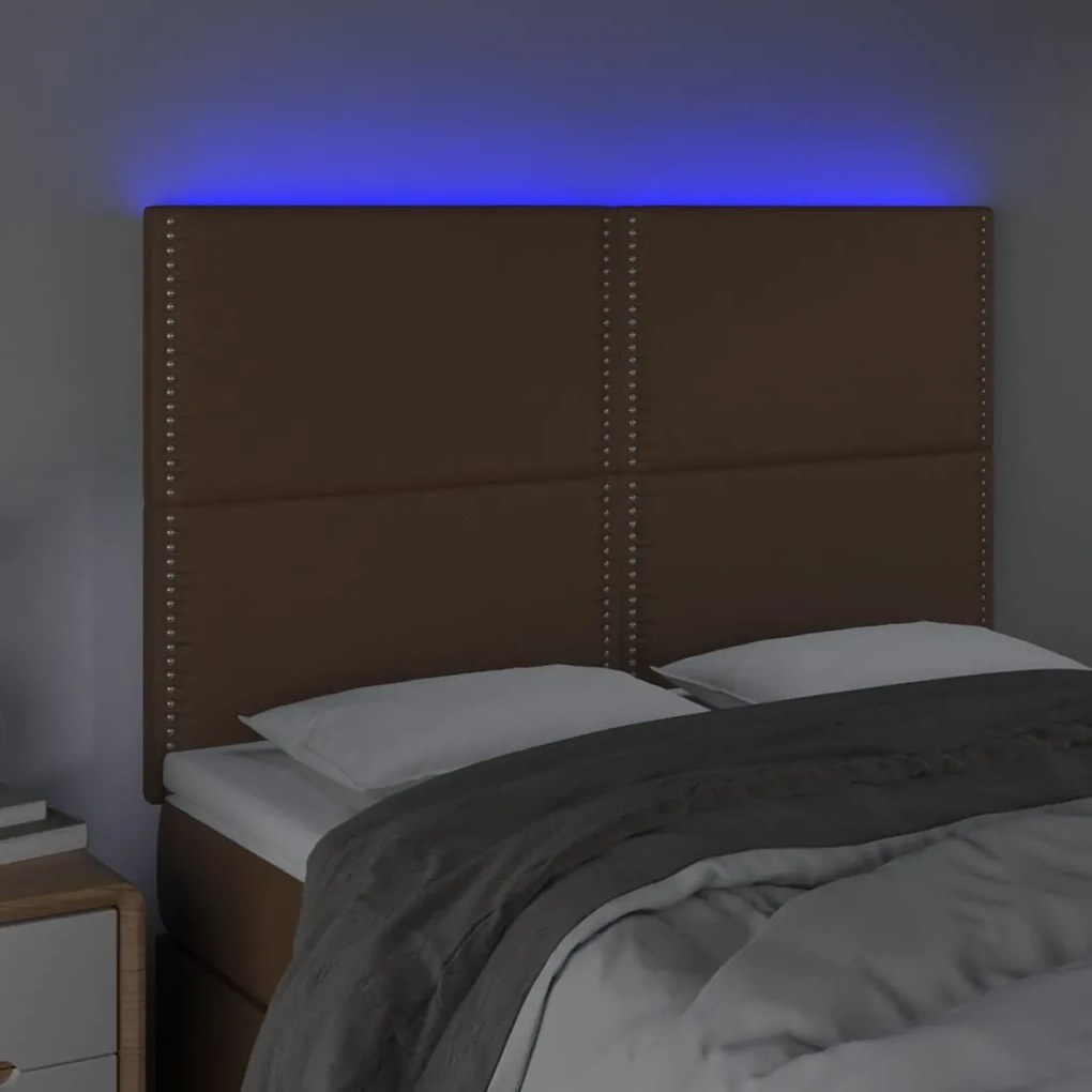 Cabeceira cama c/ LED couro artif. 144x5x118/128 cm castanho