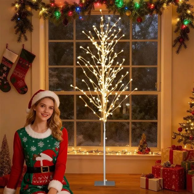 Árvore de Natal de bétula iluminada com 168 luzes LED brancas quentes e base metálica para interior e exterior, 180 cm