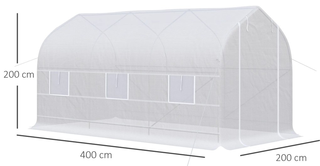 Estufa de Jardim 400x200x200cm Tipo Túnel com 6 Janelas Transpiráveis e Portas Enrolável com Zíper para Cultivo de Plantas e Verduras Branco