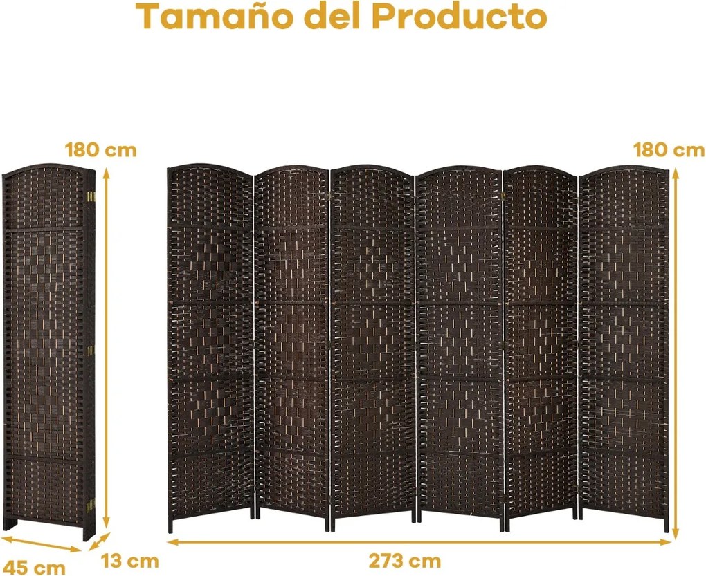 Biombo dobrável de 6 painéis 270,5 x 1,5 x 180 cm com moldura em madeira natural para escritório em casa ou sala de estar Castanho