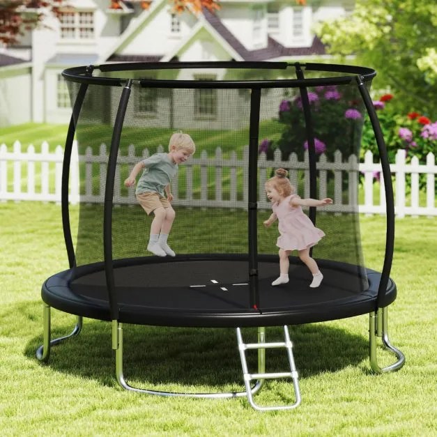 Trampolim exterior com escada Ø305 cm redondo para jardim com rede de segurança, cobertura de borda e estrutura metálica Preto