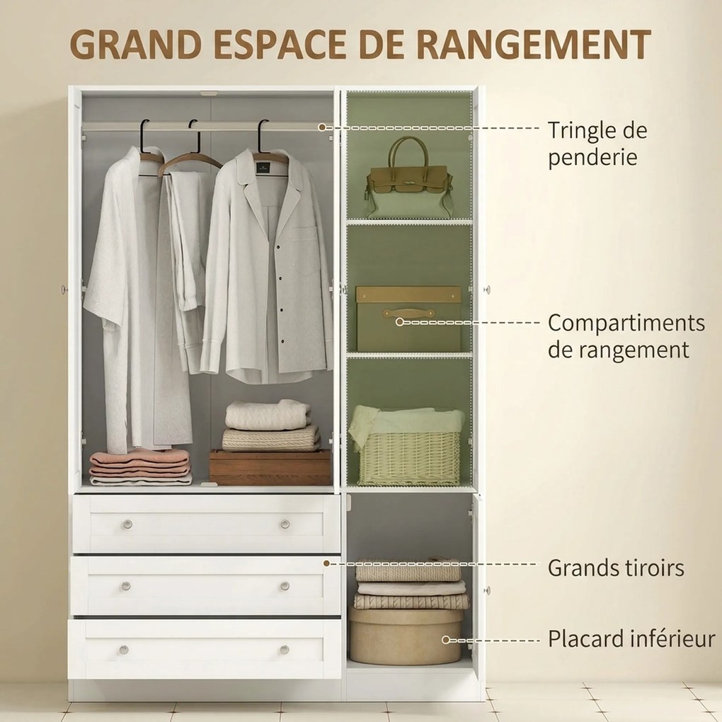 Guarda Roupa de Quarto, 120 x 50 x 176,5 cm, 4 Portas e 3 Gavetas, Branco