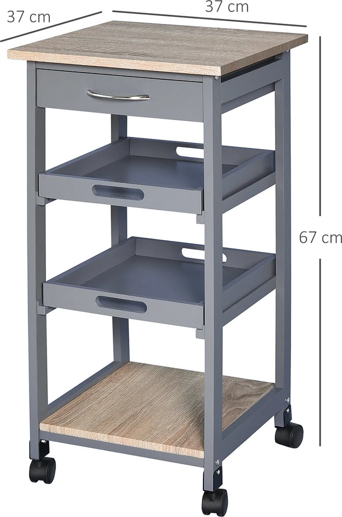 Carrinho de serviço de cozinha com rodas, 2 tabuleiros removíveis, gaveta e prateleira em carvalho claro e pinho cinzento