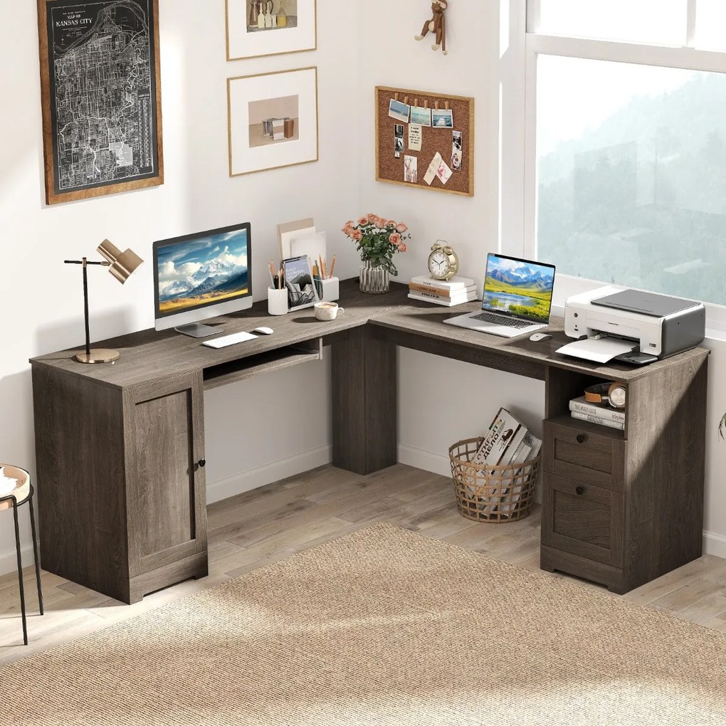 Secretária em forma de L com 2 gavetas, estante ajustável e bandeja para teclado Secretária executiva de canto Cinzento