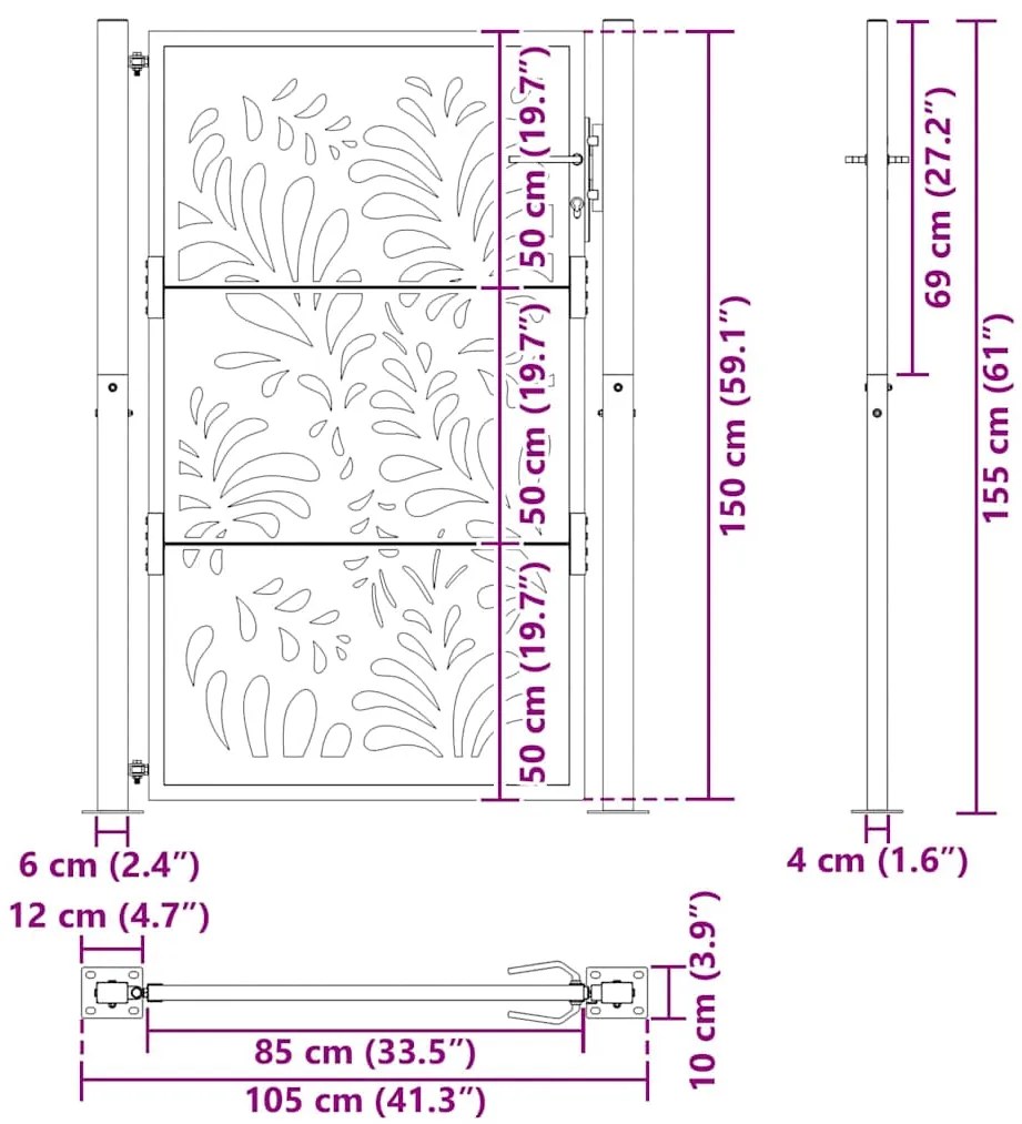 Portão de jardim 105x155 cm projeto de onda de aço preto