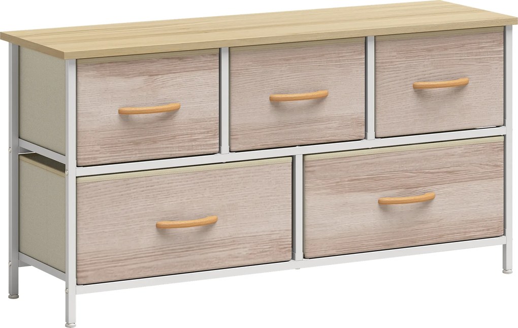 HOMCOM Cómoda com 5 Gavetas de Tecido Cómoda para Quarto Estrutura Metálica 100x30x51.5 cm Madeira e Branco | Aosom Portugal