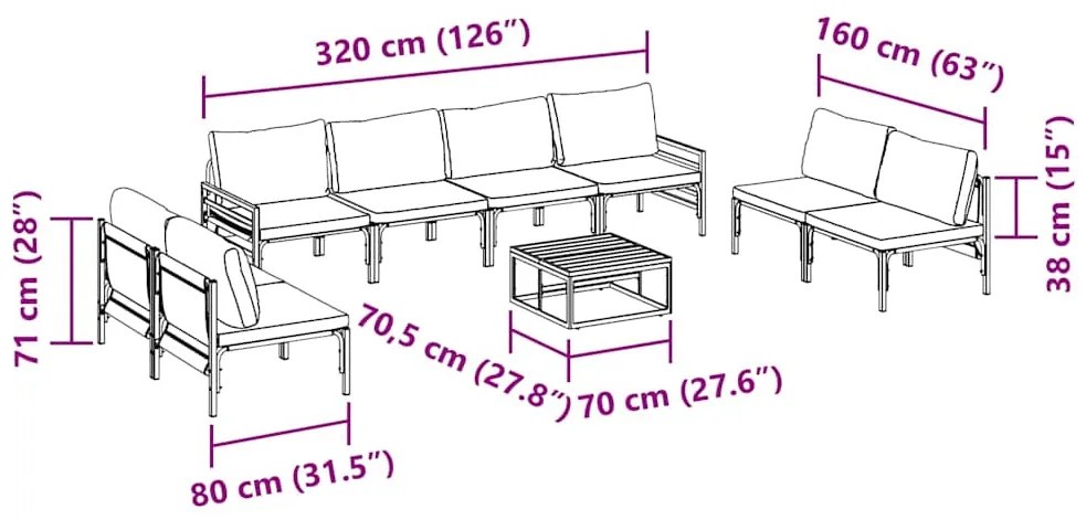 Conjunto de Sofá de Jardim 9 pcs Cinzento-escuro Aço