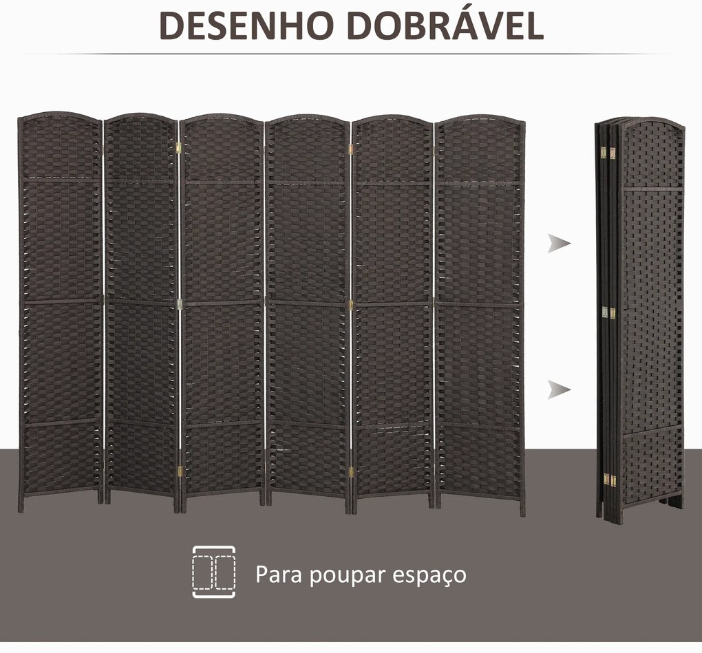 Biombo de 6 Painéis Separador de Ambientes Dobrável 240x1,6x170 cm para Sala de Estar Dormitório Escritório Castanho