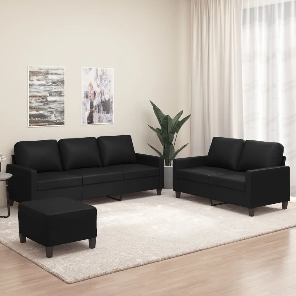 vidaXL 3 pcs conjunto de sofás com almofadões couro artificial preto