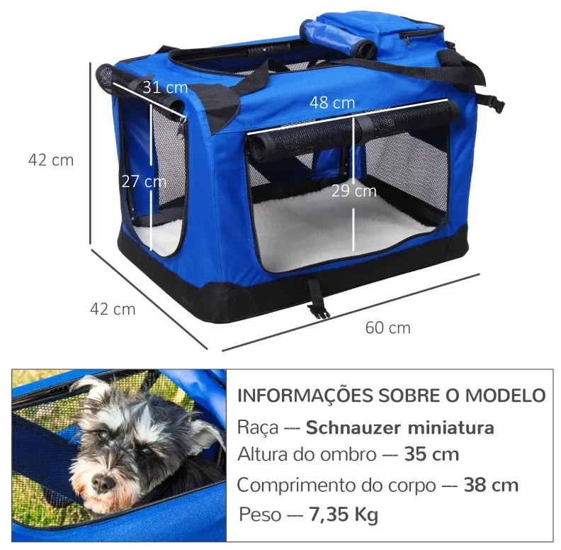 Transportadora para Cães e Gatos Respirável Dobrável com Almofada Janela de Malha e 2 Bolsos 60x42x42 cm Azul