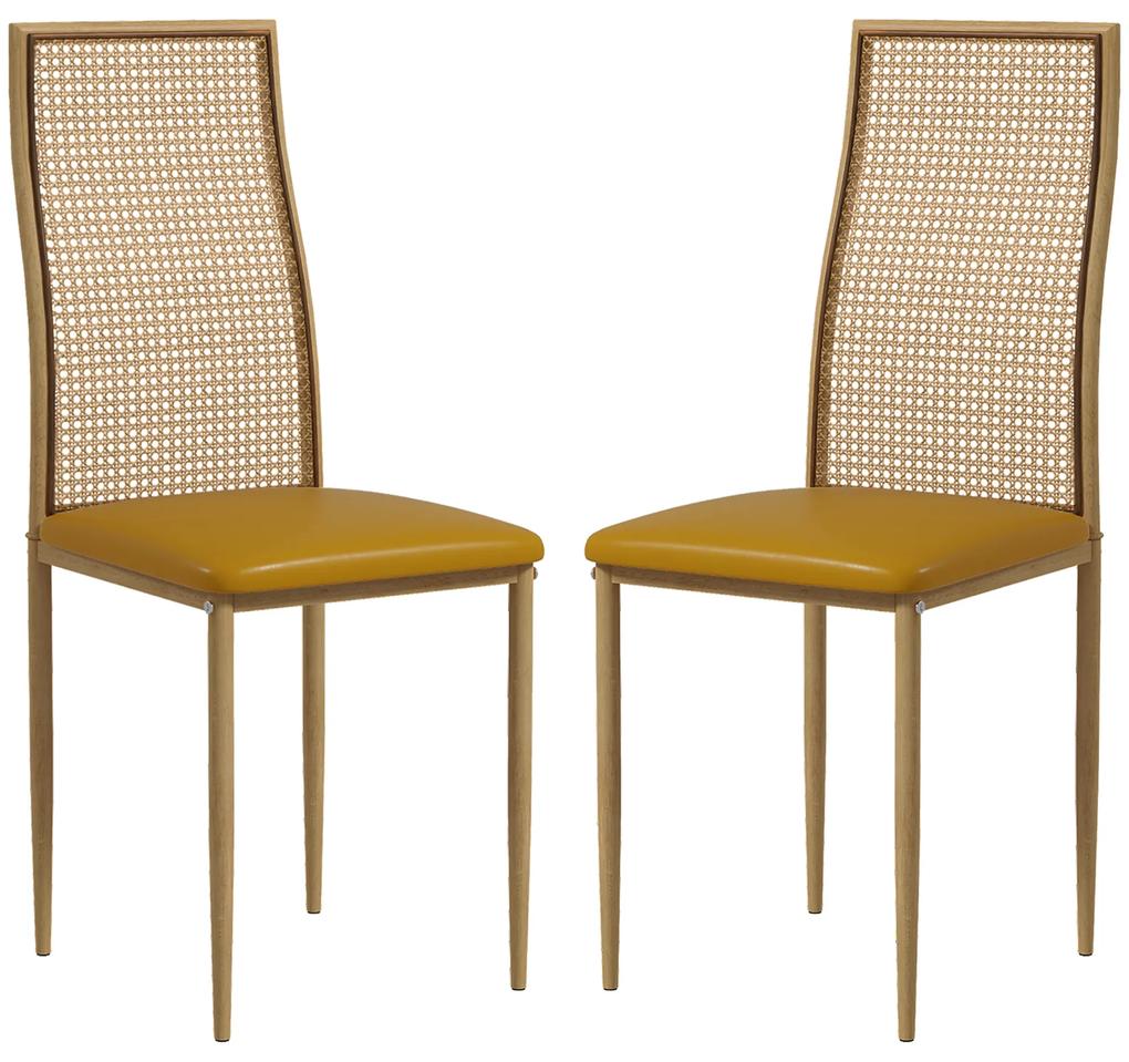 Conjunto de 2 Cadeiras de Sala de Jantar  com Encosto em Vime PE Assento Estofado em Couro PU 40x50x97 cm Ocre