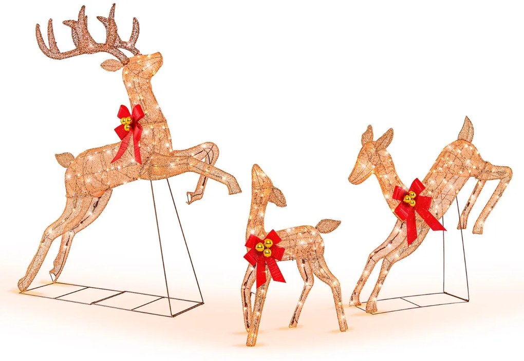 Conjunto de 3 renas de Natal iluminadas com 255 luzes de Natal brancas quentes para decoração dourado