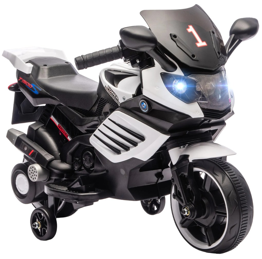 Mota Elétrica para Crianças 6V com Rodas de Apoio Música e Farol para Crianças de 18-36 Meses 77x38x50 cm Branco