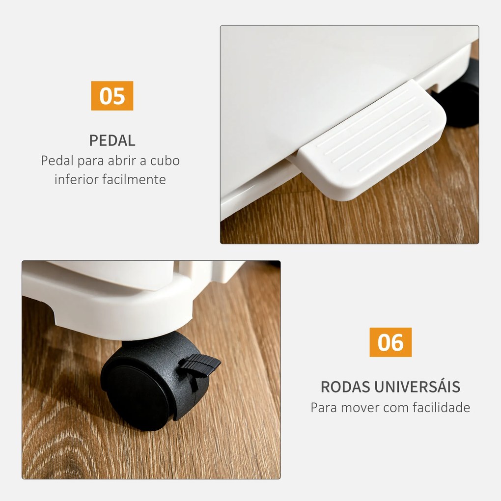 HOMCOM Caixotes de Lixo e Reciclagem 45L Caixote Móvel com Rodas 4 Compartimentos Gaveta Abertura e Fechamento com Botão e Pedal 42x29x83cm Branco