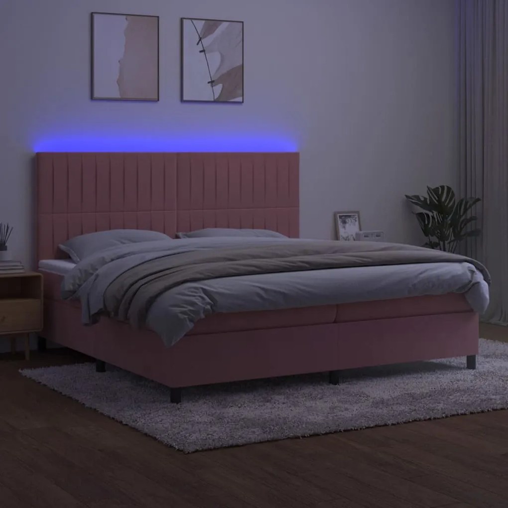 Cama box spring c/ colchão/LED 200x200 cm veludo rosa