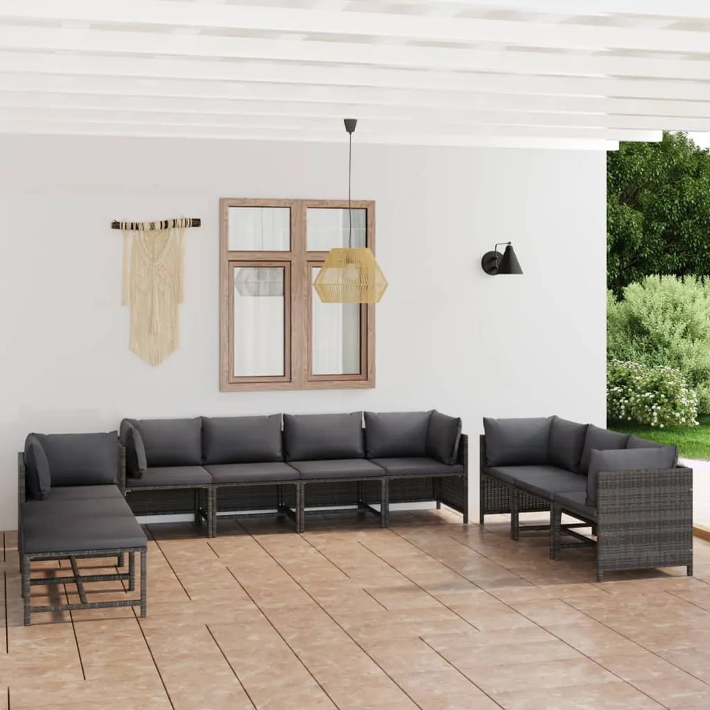 vidaXL 10 pcs conjunto lounge de jardim c/ almofadões vime PE cinzento