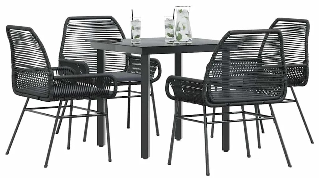 Conjunto de jantar jardim 5 peças almofadas vidro vime PE preto