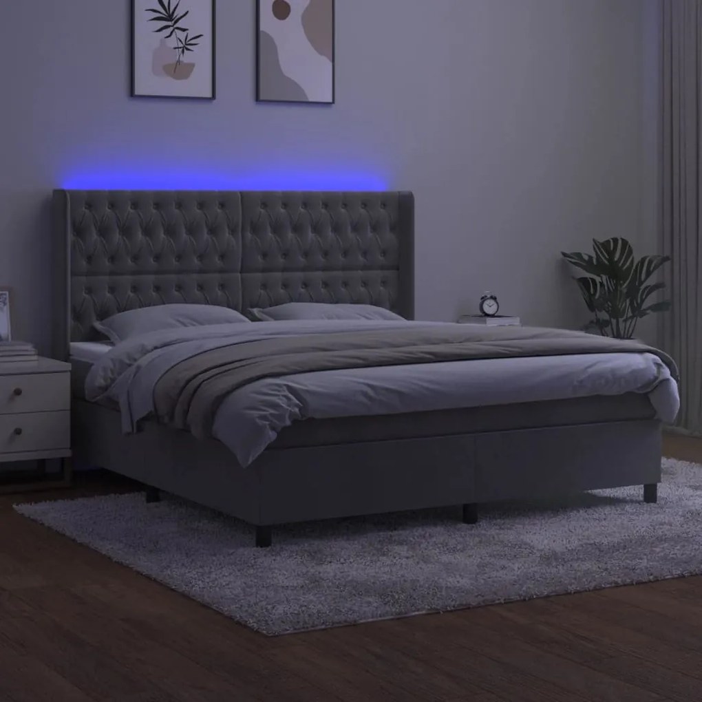 Cama box spring c/ colchão/LED 160x200 cm veludo cinzento-claro