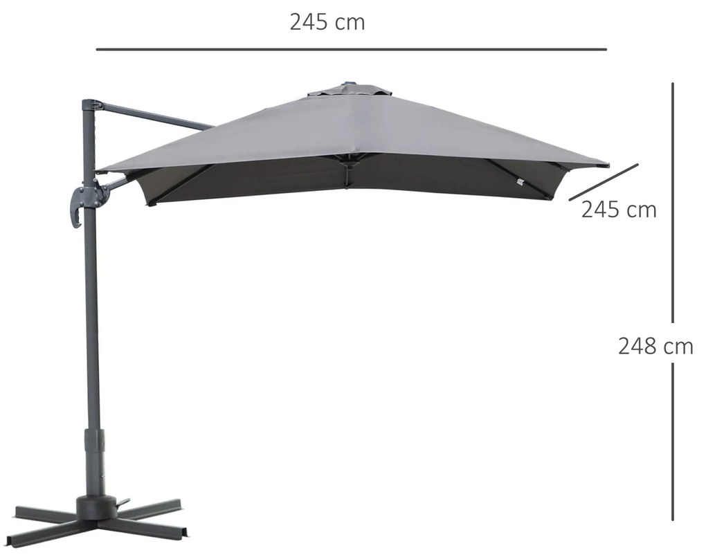 HOMCOM Chapéu de Sol de Jardim 245x245x248cm Chapéu de Sol Excêntrico com Rotação 360° Inclinação de 5 Níveis com Manivela e Ventilação para Pátio Terraço Cinza