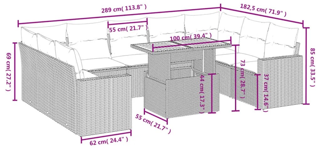 10 pcs conjunto sofás de jardim c/ almofadões vime PE cinzento