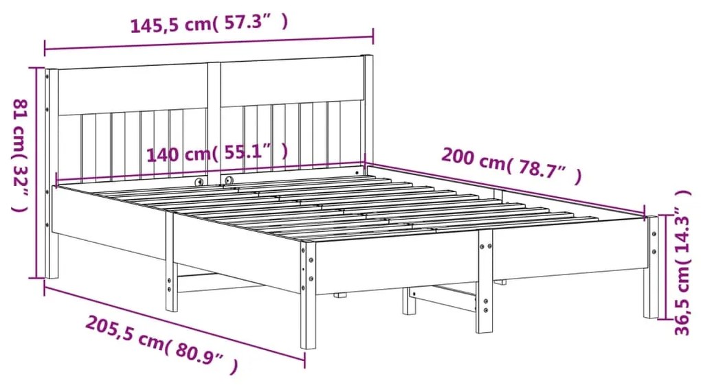 Estrutura de cama com cabeceira 140x200 cm pinho maciço