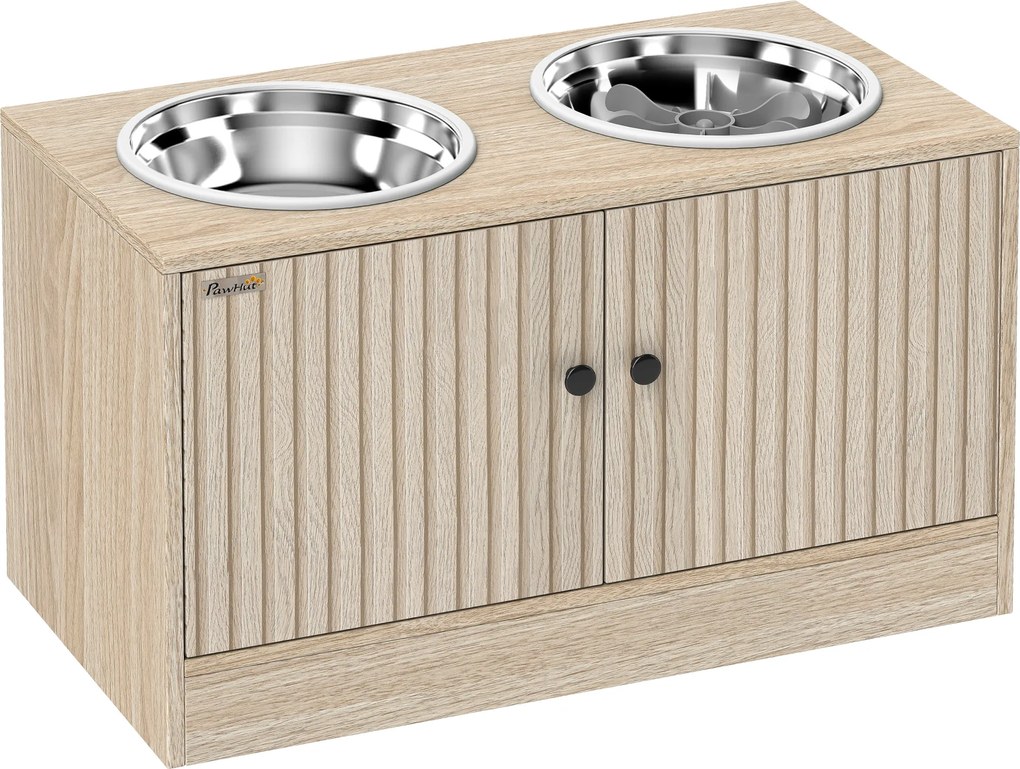 PawHut Comedouro Elevado para Cães com 2 Tigelas de Aço Inoxidável 2x2000 ml e Armazenamento Oculto 60x30x35,5 cm Carvalho | Aosom Portugal